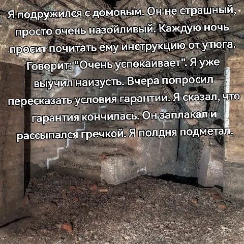 Я подружился с домовым. Он. не страшный, `просто очень назойливый. Каждую НОЧЬ почитать ему инструкцию от утюга. Говорит: "Очень успокаивает". Я уже i выучил наизусть Вчера попросил пересказать услови