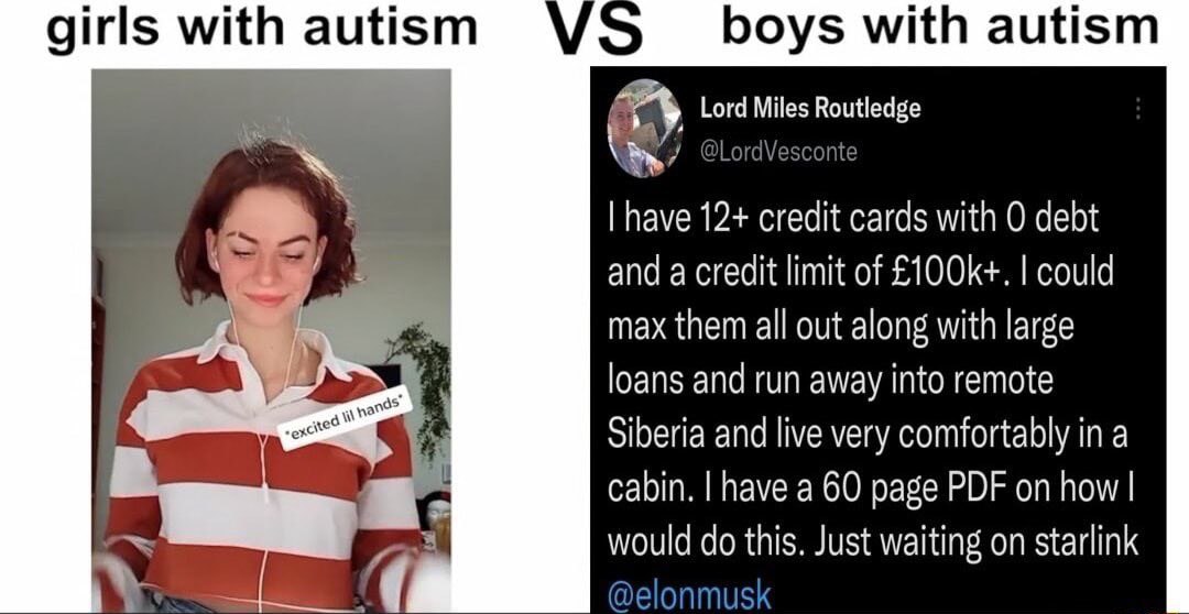 girls with autism boys with autism А have 12+ credit cards with 0 debt and а credit limit of could max them all out along with large loans and run away into remote Siberia and live very comfortably in