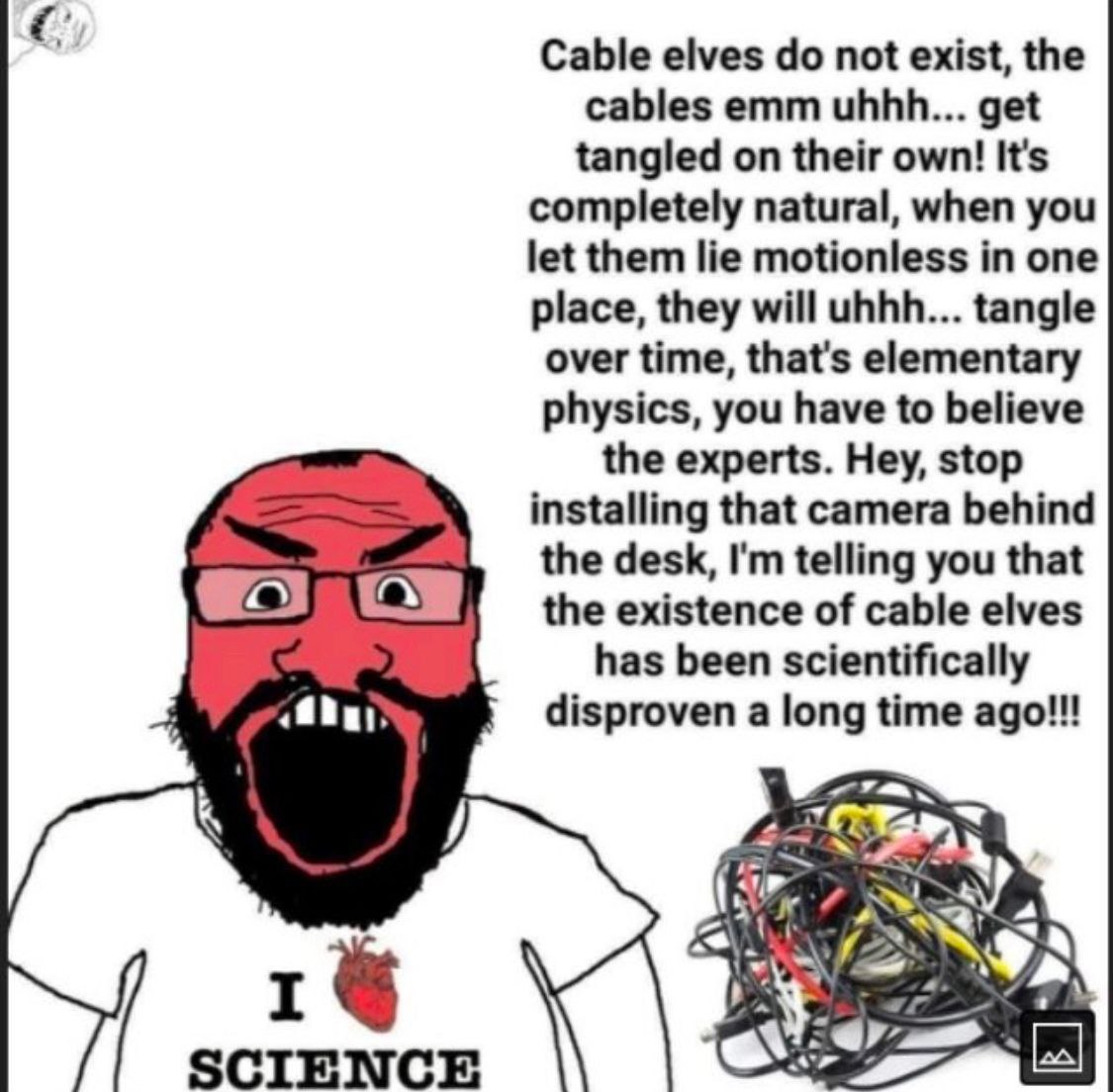 С. Cable elves not exist, the cables emm get tangled on their own! It's completely natural, when you let them lie motionless in one place, they will uhhh... tangle over time, that's elementary physics