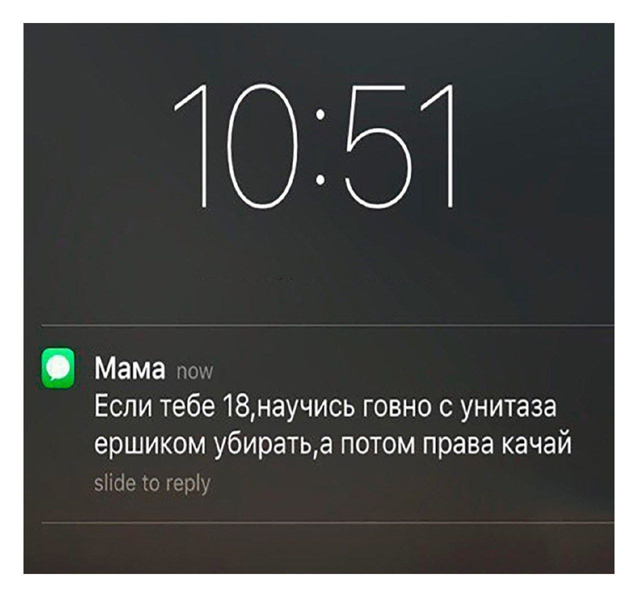 Мама Если тебе говно с унитаза ершиком убирать‚а потом права качай