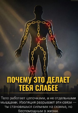 А ПОЧЕМУ ЭТО ДЕЛАЕТ ТЕБЯ СЛАБЕЕ Тело работает цепочками, а не отдельными мышцами. Изоляция разрывает эти связи ты становишься сильным на скамье, беспомощным в жизни.