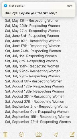 МЕЗЗЕМСЕВ now The Boys: Hey are you free Saturday? Sat, May Respecting Women Sat, May Respecting Women Sat, May Respecting Women Sat, June Respecting Women Sat, June Respecting Women Sat, June Respect