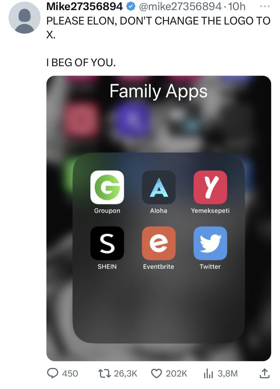 Mike27356894 @mike27356894 PLEASE ELON, DON'T CHANGE THE LOGO TO BEG OF YOU. Family Apps Groupon Aloha Yemeksepeti 5 SHEIN Eventbrite Twitter 450 26,3к
