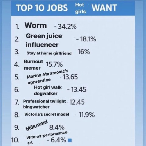 ТОР 10 JOBS WANT girls Worm 34.2% Green juice 18.1% influencer Stay at home girlfriend 1 6 Burnout 15.7% memer Marina vic’ “13.65 Hot walk 13.45 dogwalker Professional twilight 12 45 bingwatcher Victo
