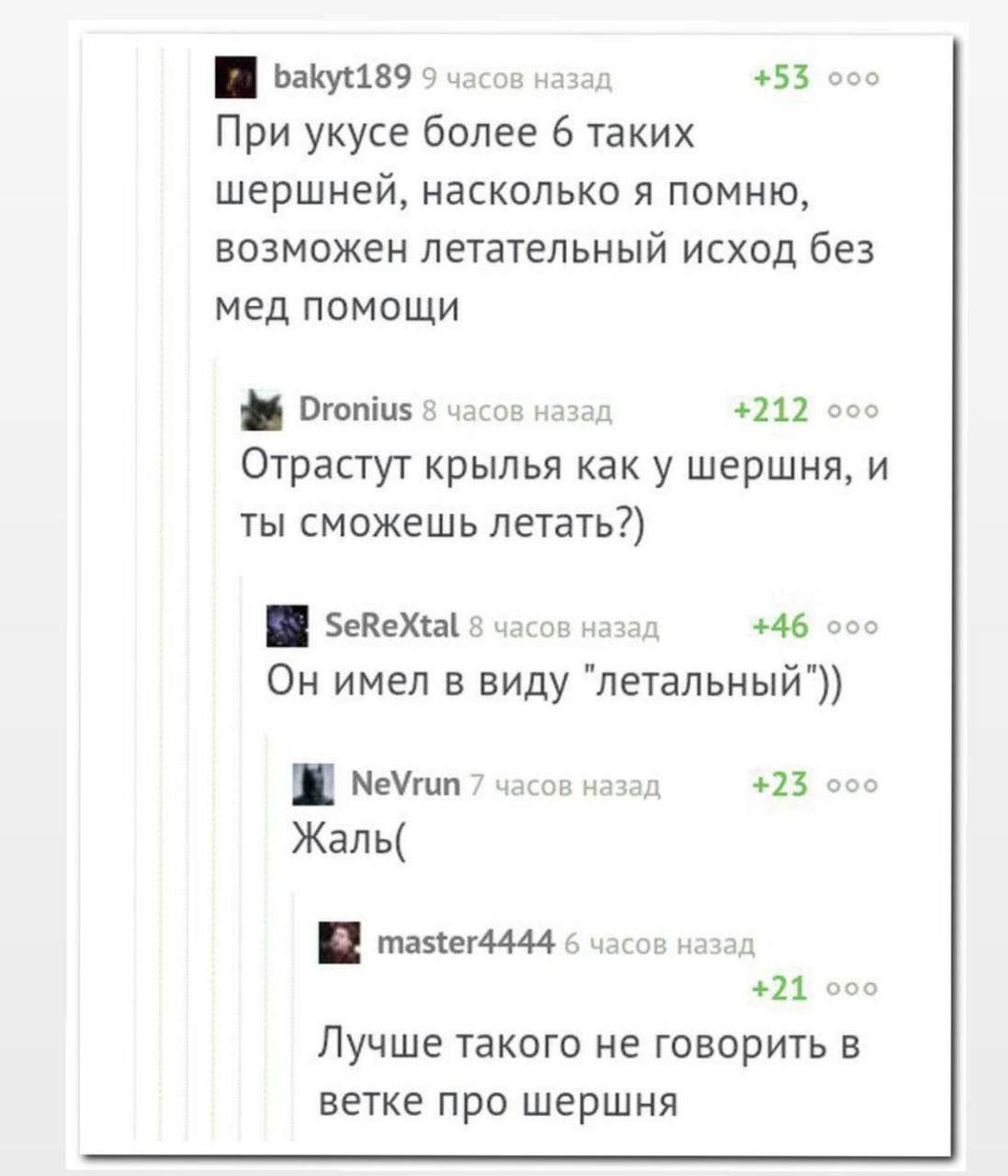 bakyt189 9 часов назад +53 ооо При укусе более 6 таких шершней, насколько я помню, возможен летательный исход без мед помощи Dronius 8 часов назад +212 ооо Отрастут крылья как у шершня, и ты сможешь л