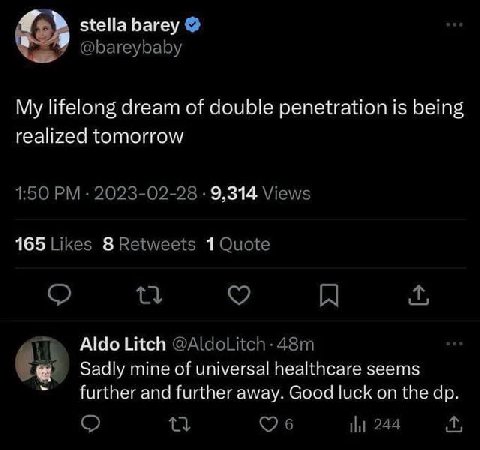 stella Багеу У @bareybaby My lifelong dream of double penetration is being realized tomorrow 1:50 2023-02-28 9,314 Views 165 Likes 8 Retweets 1 Quote Aldo Litch @AldoLitch-48m Sadly mine of universal 