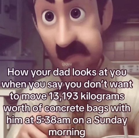 How your dad looks at you when you say you don’t май 15,195 worth of.concrete bags with a Sunday