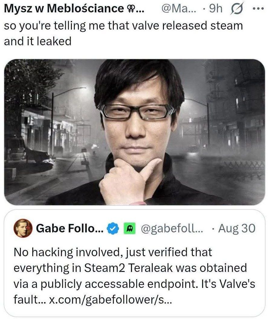 Mysz Meblosciance 9$... so you're telling me that valve released steam and it leaked it Gabe Follo... @gabefoll... Aug 30 No hacking involved, just verified that everything in Steam2 Teraleak was obta