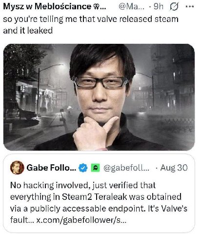 Mysz Meblosciance 9$... so you're telling me that valve released steam and it leaked it Gabe Follo... @gabefoll... Aug 30 No hacking involved, just verified that everything in Steam2 Teraleak was obta