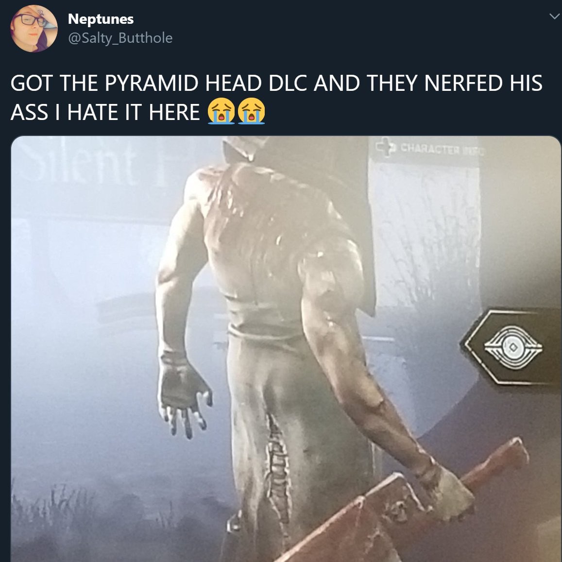 Neptunes @Salty_Butthole GOT THE PYRAMID HEAD DLC AND THEY NERFED HIS ASS HATE IT НЕВЕ