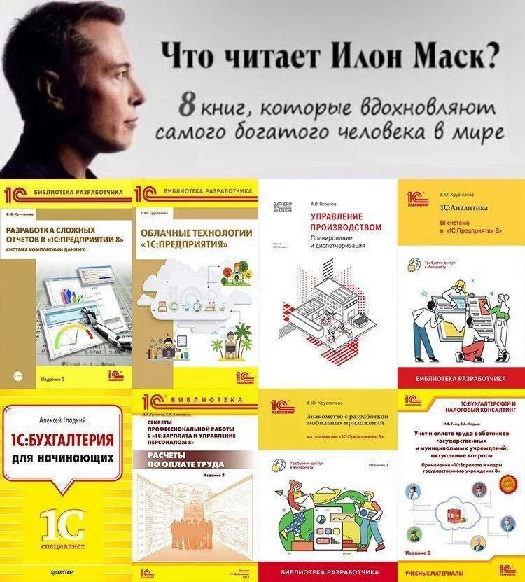 Что читает Илон Mack? 8 книг, рые самого богаилого человека 6 мире 1С:Аналитика 1< БИБЛИОТЕКА РАЗРАБОТЧИКА УПРАВЛЕНИЕ ПРОИЗВОДСТВОМ РАЗРАБОТКА СЛОЖНЫХ ОБЛАЧНЫЕТЕХНОЛОГИИ Планирование 8» ОТЧЕТОВ В «1С: