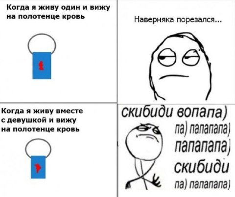 Когда я живу один и вижу на полотенце кровь Наверняка порезался... Когда я живу вместе с девушкой и вижу скибиди вопапа) на полотенце кровь папапала) скибиди nananana)