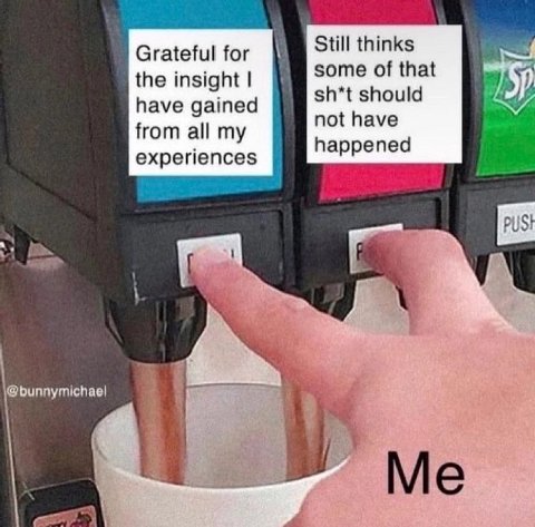 Grateful for Still thinks some of that the insight sh*t should have gained from all my not have happened experiences Me