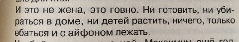 И это не жена, это говно. Ни готовить, ни уби- раться в доме, ни детей растить, ничего, только ебаться айфоном лежать.