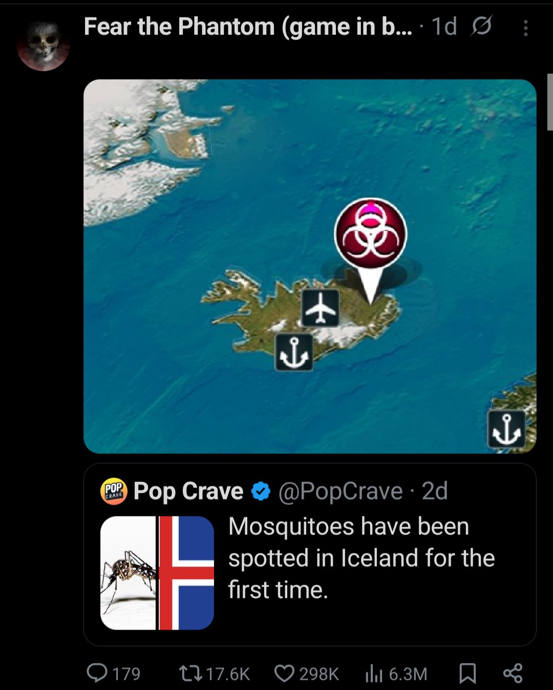 Fear the Phantom (дате 19 Pop Crave @PopCrave Mosquitoes have been spotted in Iceland for the first time.