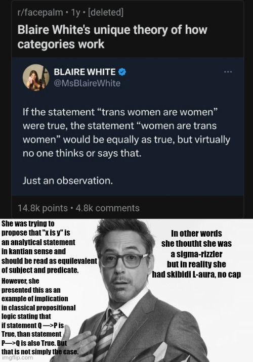 spalm у White's theory of how categories work BLAIRE WHITE MsBlaireWhite If the statement “trans women are women” were true, the statement “women are trans women” would be equally as true, but virtual