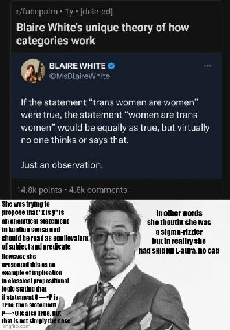 spalm у White's theory of how categories work BLAIRE WHITE MsBlaireWhite If the statement “trans women are women” were true, the statement “women are trans women” would be equally as true, but virtual