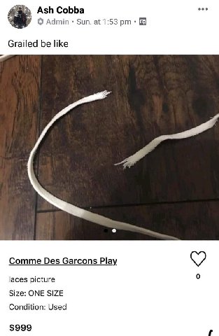 eee Ash Cobba Admin Sun. at 1:53 a Grailed be like Comme Des Garcons Play laces picture Size: ONE SIZE Condition: Used $999