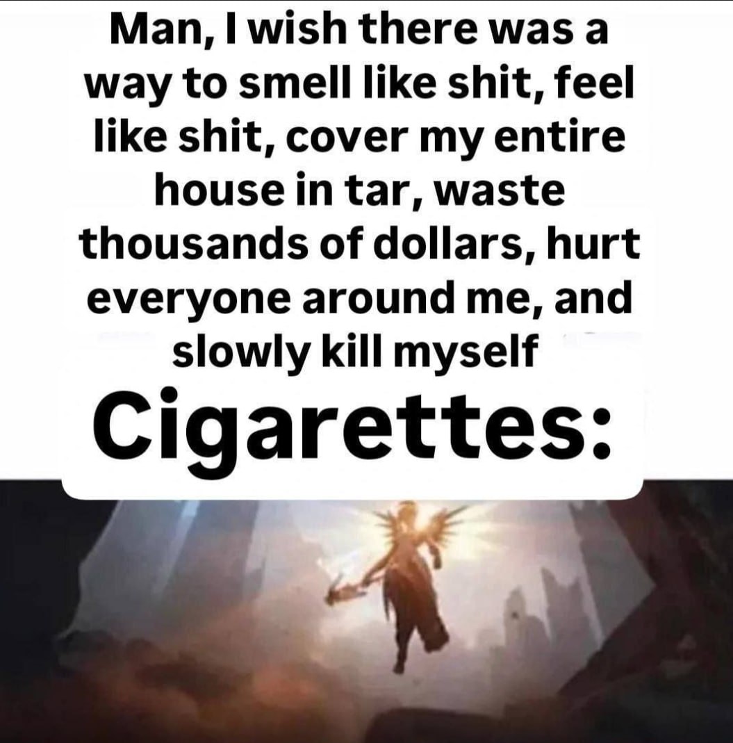 Man, wish there was а way to smell like shit, feel like shit, cover my entire house in tar, waste thousands of dollars, hurt everyone around me, and slowly kill myself Cigarettes: