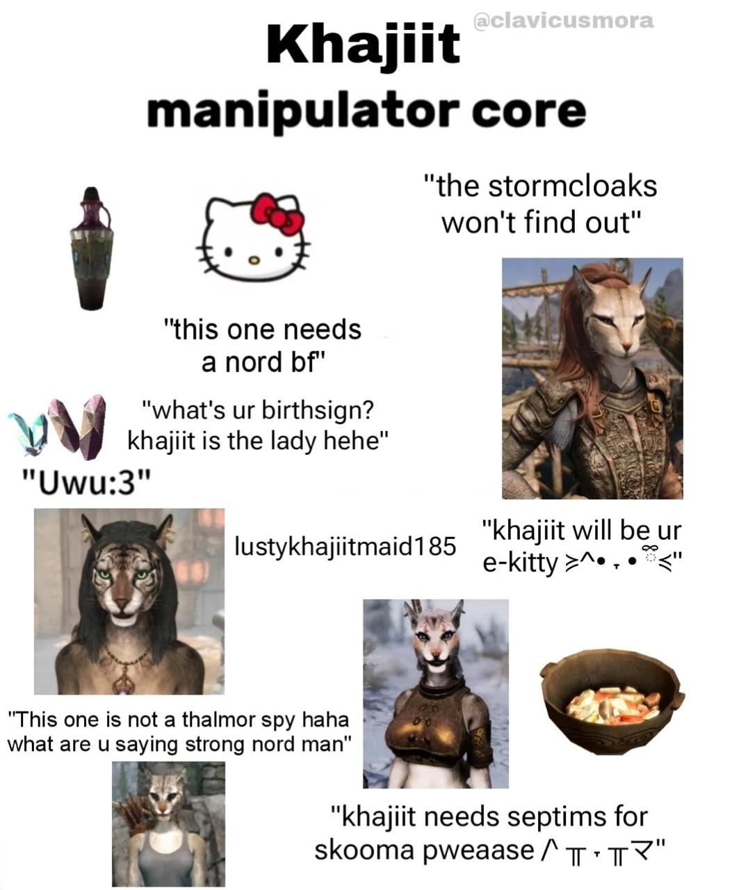 Khayjiit manipulator core "the stormcloaks a won't find out" "this one needs а nord birthsign? khajiit is the lady hehe" "Uwu:3" "khajiit will be а e-kitty 4 "This one is not а thalmor spy haha what a