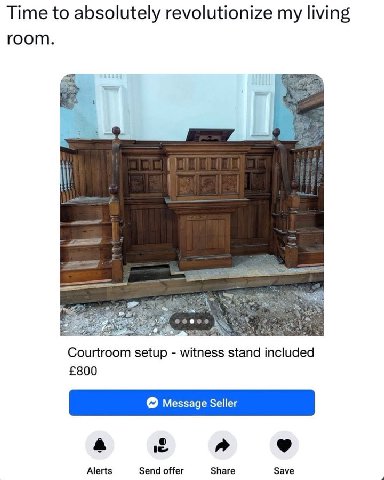 Time to absolutely revolutionize my living room. У Courtroom setup witness stand included £800 Message Seller a Alerts Send offer Share Save
