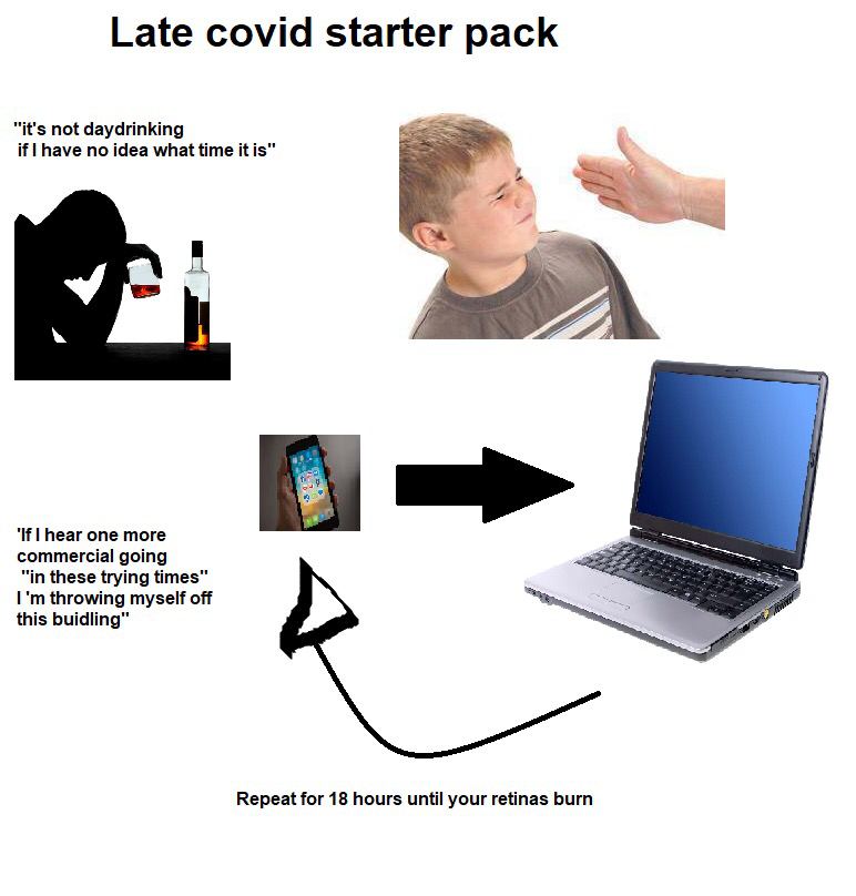 Late сома starter pack “it's not daydrinking if have no idea what time itis” a at ‘If hear one more commercial going “in these trying times” throwing myself off this buidling” Repeat for 18 hours unti