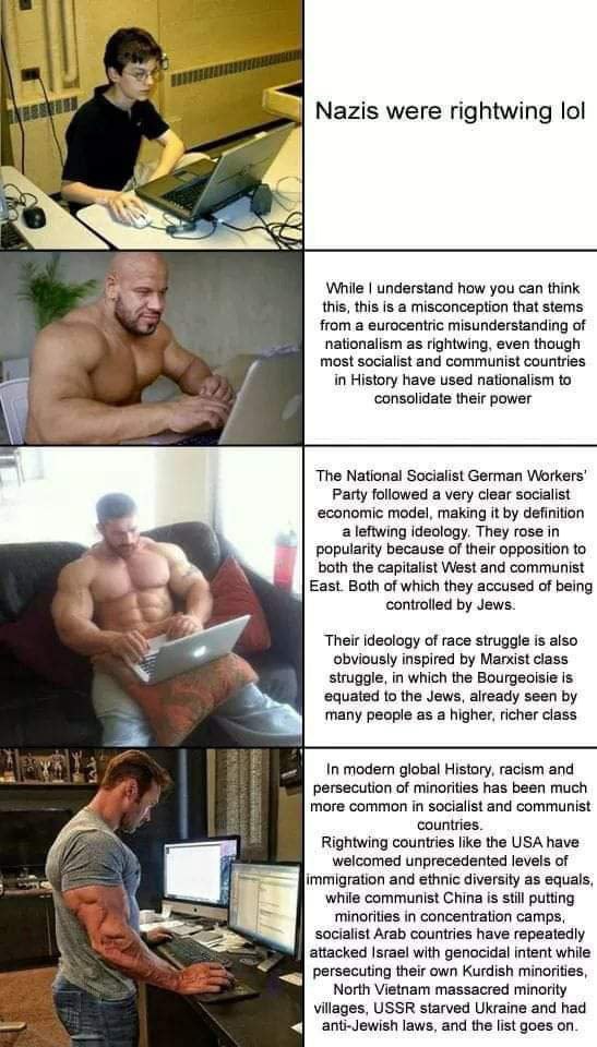 у Nazis were rightwing lol 5 While understand how you can think this, this is а misconception that stems from а eurocentric misunderstanding of nationalism as rightwing, even though и most socialist a