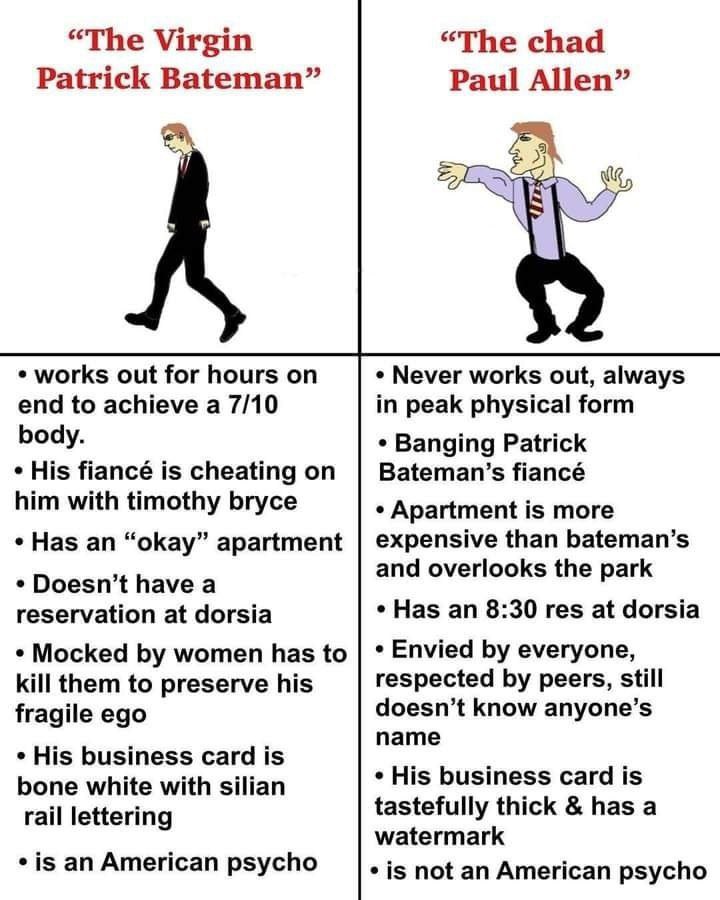 “The Virgin “The chad Patrick Bateman” Paul Allen” works out for hours on Never works out, always end to achieve a 7/10 in peak physical form body. Banging Patrick His fiancé is cheating on Bateman’s 