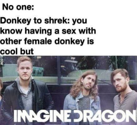 опе: Donkey to shrek: you know having a sex with other female donkey is ool but INAGINE DRAGON