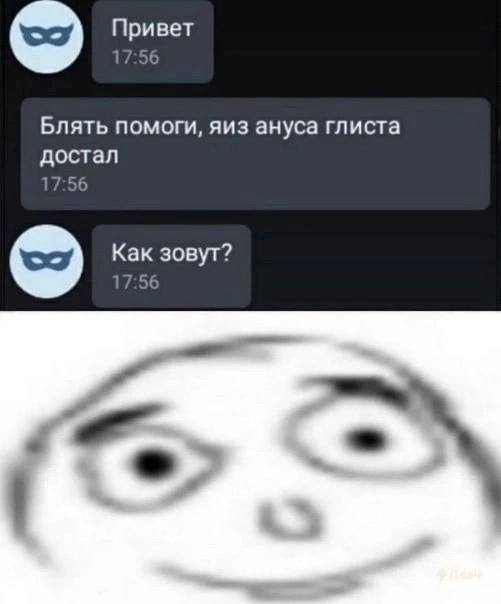 Привет 7 56 Блять помоги, яиз ануса глиста достал 17:56 Как зовут? 17:56