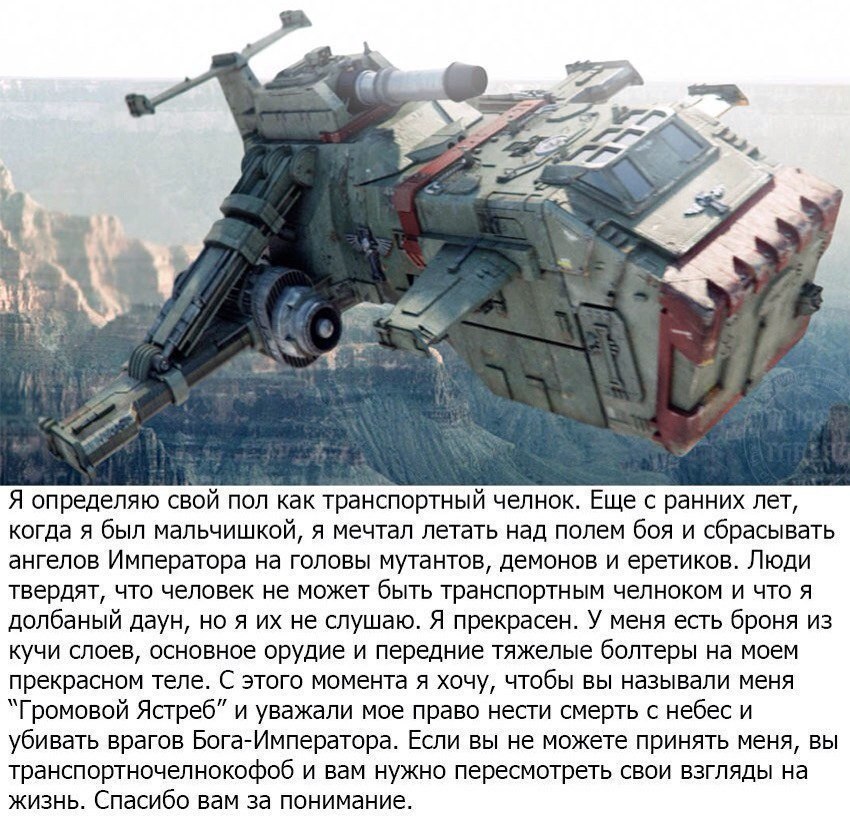 А 4 у Я определяю свой пол как транспортный челнок. Еще с ранних лет, когда я был мальчишкой, я мечтал летать над полем боя и сбрасывать ангелов Императора на головы мутантов, демонов и еретиков. Люди