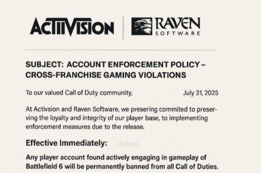RAVEN SOFTWARE SUBJECT: ACCOUNT ENFORCEMENT POLICY CROSS-FRANCHISE GAMING VIOLATIONS To our valued Call of Duty community, July 31, 2025 At Activsion and Raven Software, we presering commited to prese