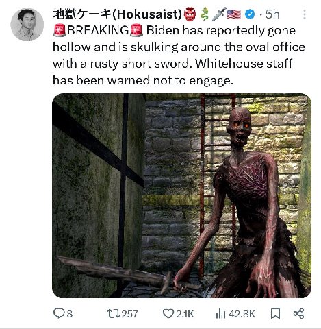 (Hokusaist) 2 9 8 Biden has reportedly gone hollow and is skulking around the oval office with a rusty short sword. Whitehouse staff has been warned not to engage. 7 a= 11257 42.8К я