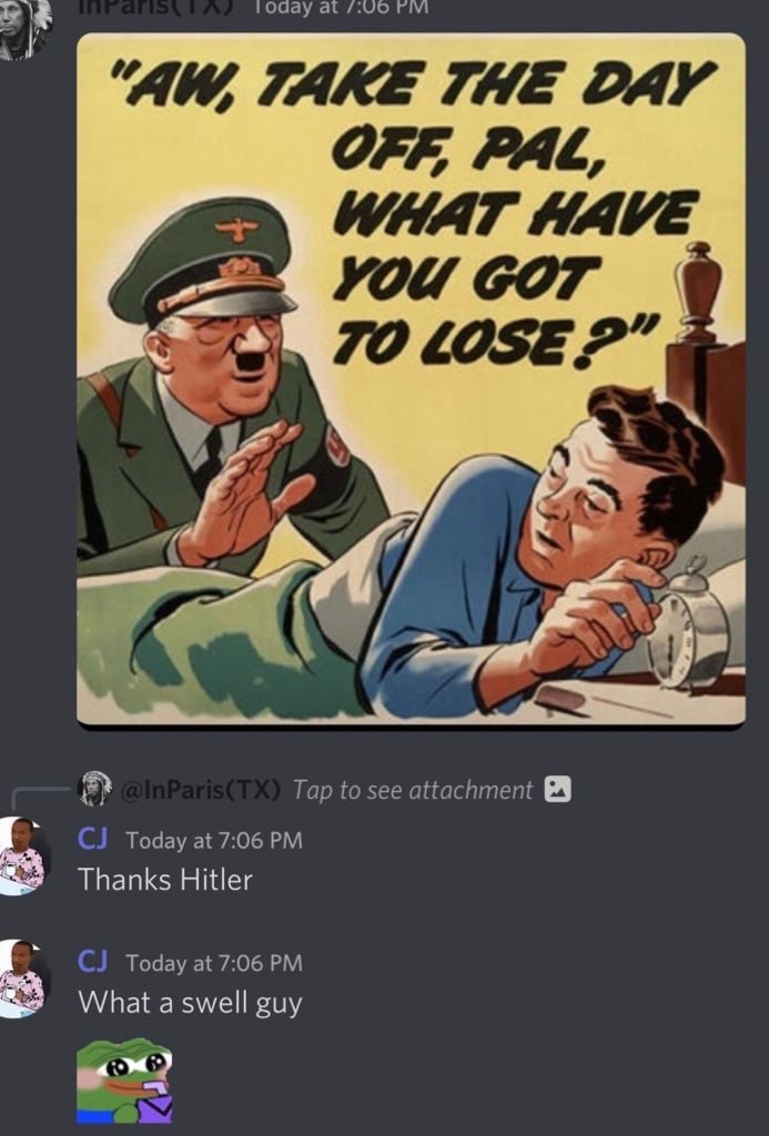 гоаау at TAKE THE DAVY OFE, PAL, WHAT HAVE и в) Tap to see attachment Today at 7:06 Thanks Hitler Today at 7:06 What aswell guy