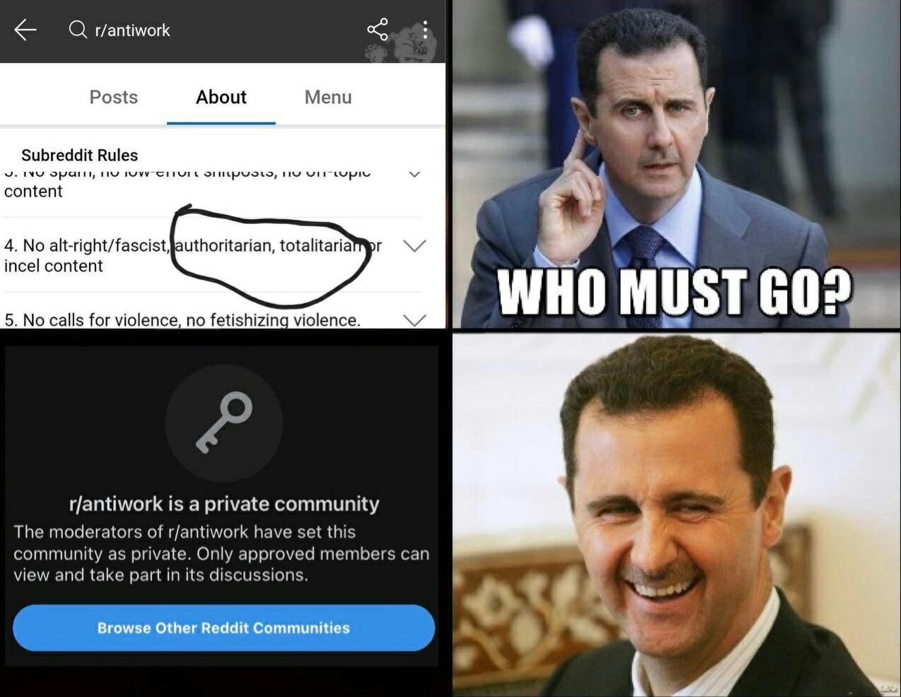 Posts About Menu Subreddit Rules эрань у content 4. No alt-right/fascist,Jauthoritarian, WHO MUST 5. No calls for violence, no fetishizing violence. r/antiwork is a private community The moderators of