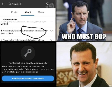Posts About Menu Subreddit Rules эрань у content 4. No alt-right/fascist,Jauthoritarian, WHO MUST 5. No calls for violence, no fetishizing violence. r/antiwork is a private community The moderators of