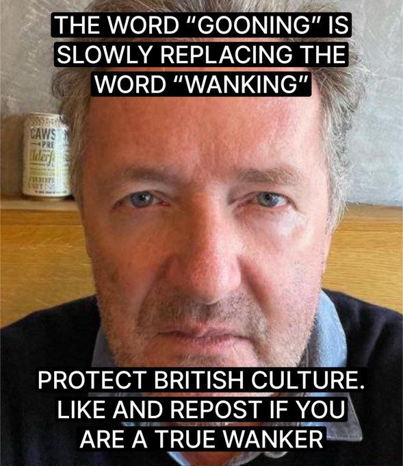"GOONING” SLOWLY REPLACING THE WORD “WANKING”, PROTECT BRITISH CULTURE. LIKE AND REPOST IF YOU ARE A TRUE WANKER