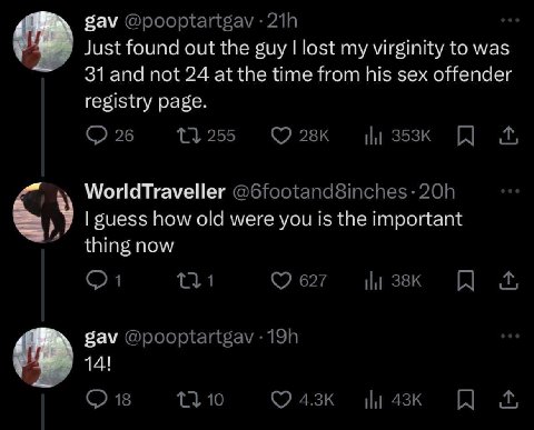 gav Just found out the guy lost my virginity to was 31 and not 24 at the time Нот his sex offender registry page WorldTraveller guess how old were you is the important thing now gav 14!