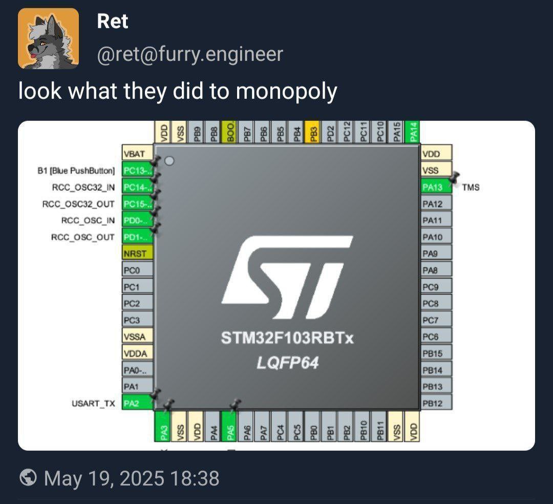 А @ret@furry.engineer look what they did to monopoly [Вме PushButton) PAIS RCC_OSC32_OUT RCC_OSC_IN RCC_OSC_OUT kyy STM32F103RBTx LQFP64 ela a 2 Мау 19, 2025 18:38