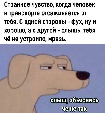 Странное чувство, когда человек в транспорте отсаживается от тебя. С одной стороны фух, ну и хорошо, а с другой слышь, тебя чё не устроило, мразь. ченетак