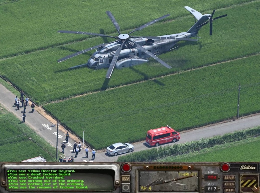 ney „у aly She ner Shilldex eYou see: Yellow Reactor Keycard. eYou see a dead: Enclave Guord. “TAP eYou see: Vertibird. INV at eYou see nothing сыт of the ordinary. СНА eYou see nothing out of the 4 0