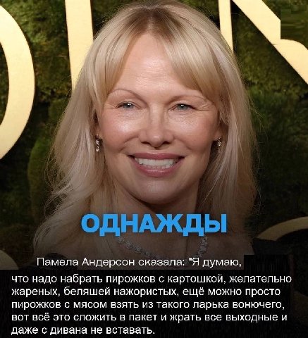 ОДНАЖДЫ Памела Андерсон сказала: "Я думаю, что надо набрать пирожков с картошкой, желательно жареных, беляшей нажористых, ещё можно просто пирожков с мясом взять из такого ларька вонючего, вот всё это