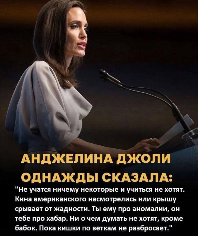 АНДЖЕЛИНА ДЖОЛИ ОДНАЖДЫ СКАЗАЛА: "Не учатся ничему некоторые и учиться не хотят Кина американского насмотрелись или крышу срывает от жадности. Ты ему про аномалии, он тебе про хабар. Ни о чем думать н