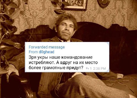 Forwarded message From dOghead Зря укры наше командование истребляют. А вдруг на место более грам отные придут? +1 2:38