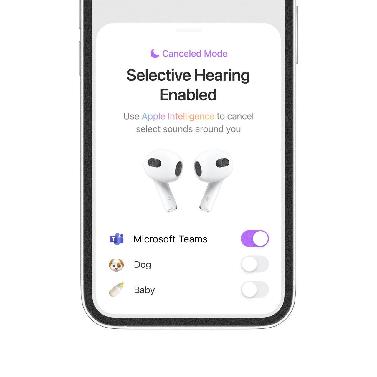 Canceled Mode Selective Hearing Enabled Use to cancel select sounds around you Teams 4a Dog ВаБу