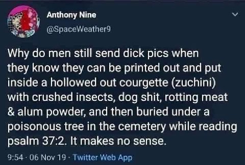 Anthony Nine 2 Why men still send dick pics when they know they can be printed out and put inside a hollowed out courgette (zuchini) with crushed insects, dog shit, rotting meat alum powder, and then 