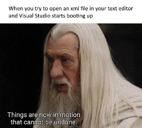 When you try to open an xml file in your text editor and Visual Studio starts booting up Things are now in motion that cannot be undone.