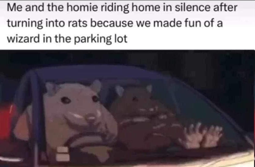 Me and the homie riding home silence after turning into rats because we made fun of a wizard in the parking lot