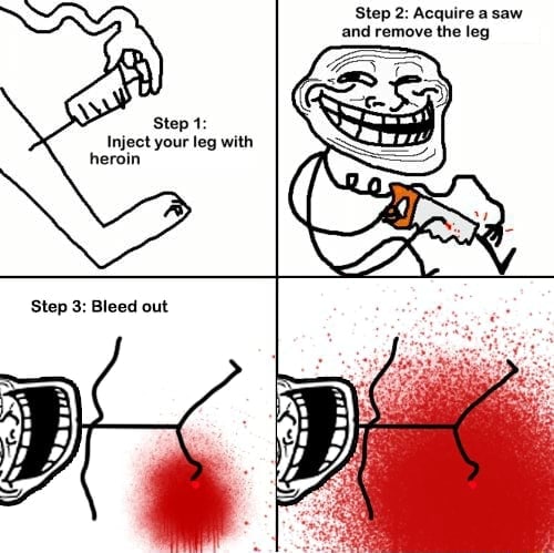 Step 2: Acquire а saw and remove the leg Step 1: Inject your leg with heroin Step 3: Bleed out A у