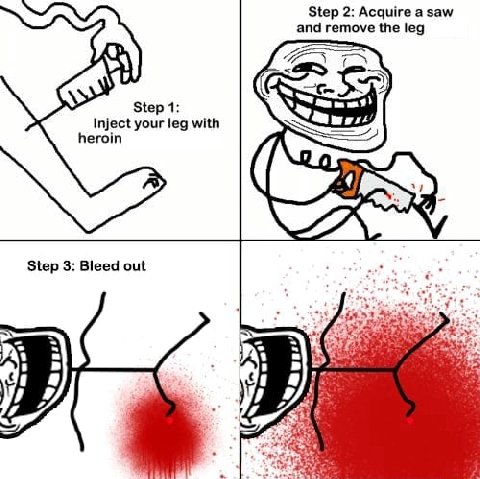 Step 2: Acquire а saw and remove the leg Step 1: Inject your leg with heroin Step 3: Bleed out A у